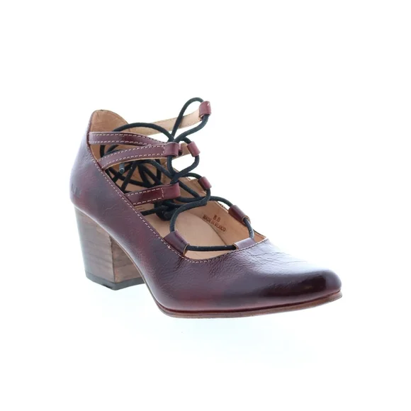 BED | STU Burgundy Leather Lace-Up Block Heel Pumps - Picture 2 of 16